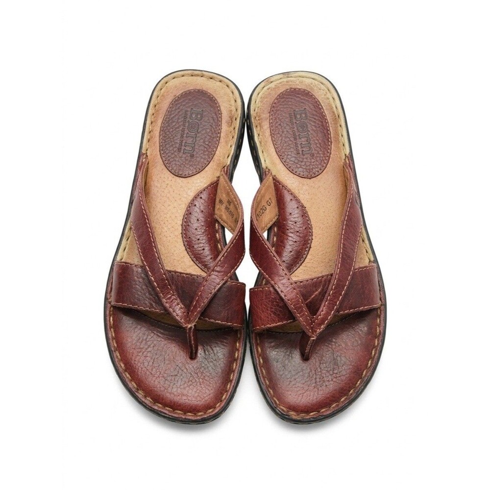 VTG Born Women's 8 M/W Leather Thong Sandals Brown, Burgundy Comfort Earthy 90s